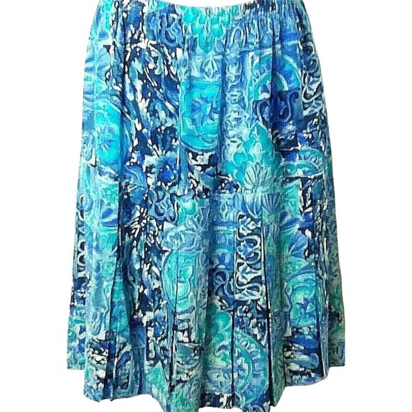 Liz Claiborne Blue Floral Skirt Size 6 Pleated Blue Silk Y2K Stretch Waistband - Picture 1 of 4